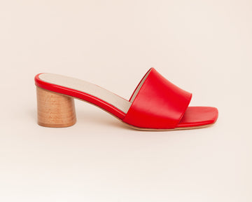 Wide-fit heels in red with wooden heel