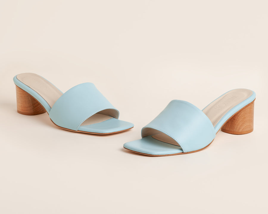 Wide-fit heels in blue with a wooden heel