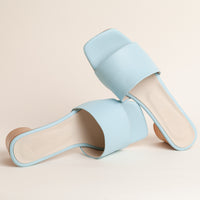 Wide-fit shoes for women in light blue with wooden heel