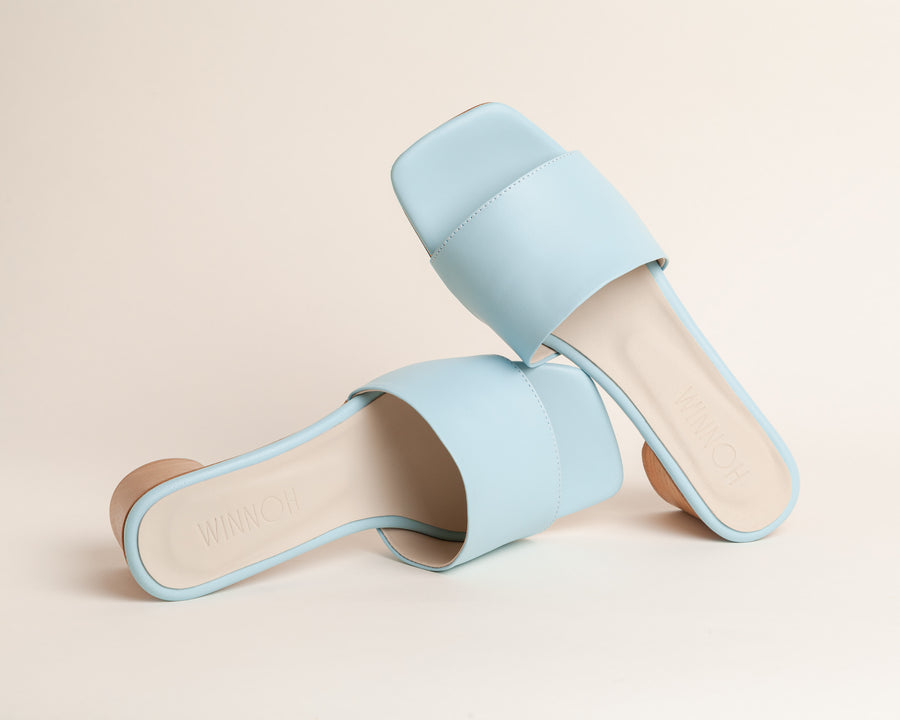Wide-fit shoes for women in light blue with wooden heel